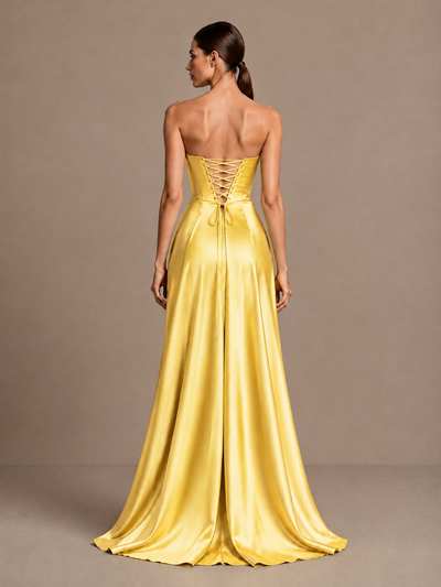 BOLODOO Gold Strapless Satin High-Slit Lace-Up Prom Dress - Gold - Gold_2