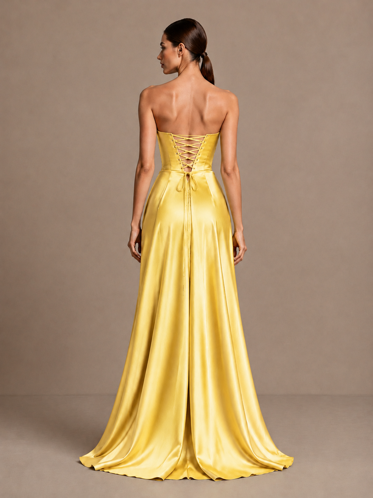 BOLODOO Gold Strapless Satin High-Slit Lace-Up Prom Dress - Gold - Gold_2