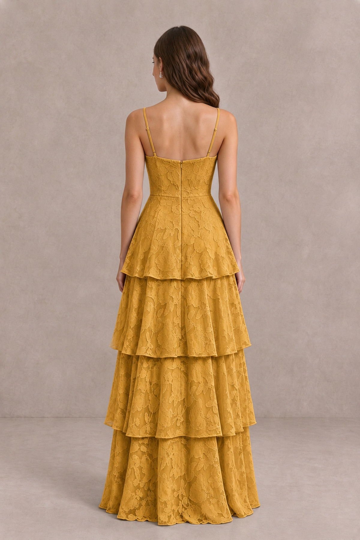 BOLODOO Gold Tiered Floral-Textured Spaghetti Strap Maxi Dress - Gold - Gold_2