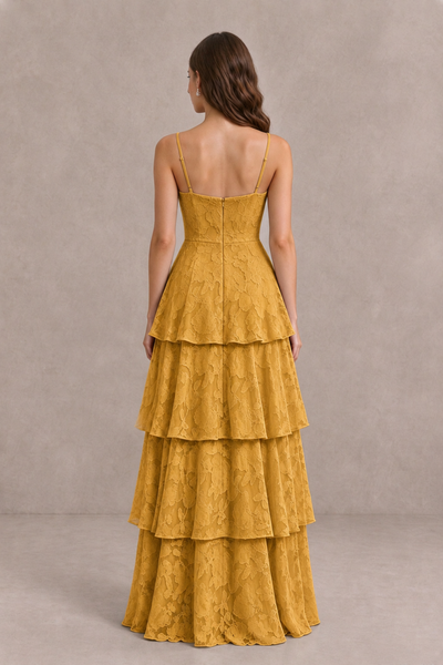 BOLODOO Gold Tiered Floral-Textured Spaghetti Strap Maxi Dress - Gold - Gold_2