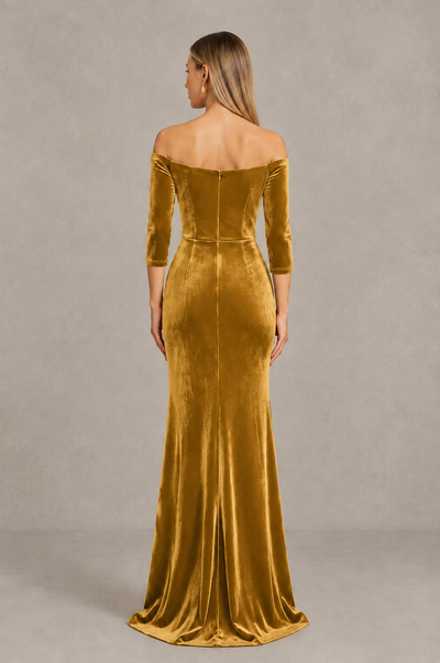 BOLODOO Gold Off-Shoulder Velvet Evening Dress with High Slit - Gold - Gold_2