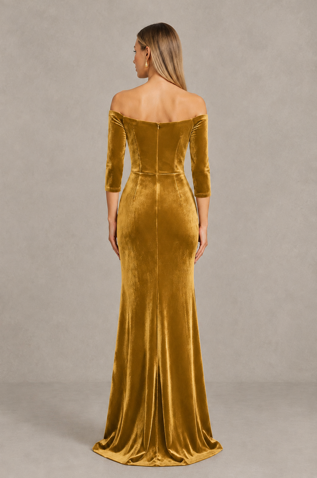 BOLODOO Gold Off-Shoulder Velvet Evening Dress with High Slit - Gold - Gold_2