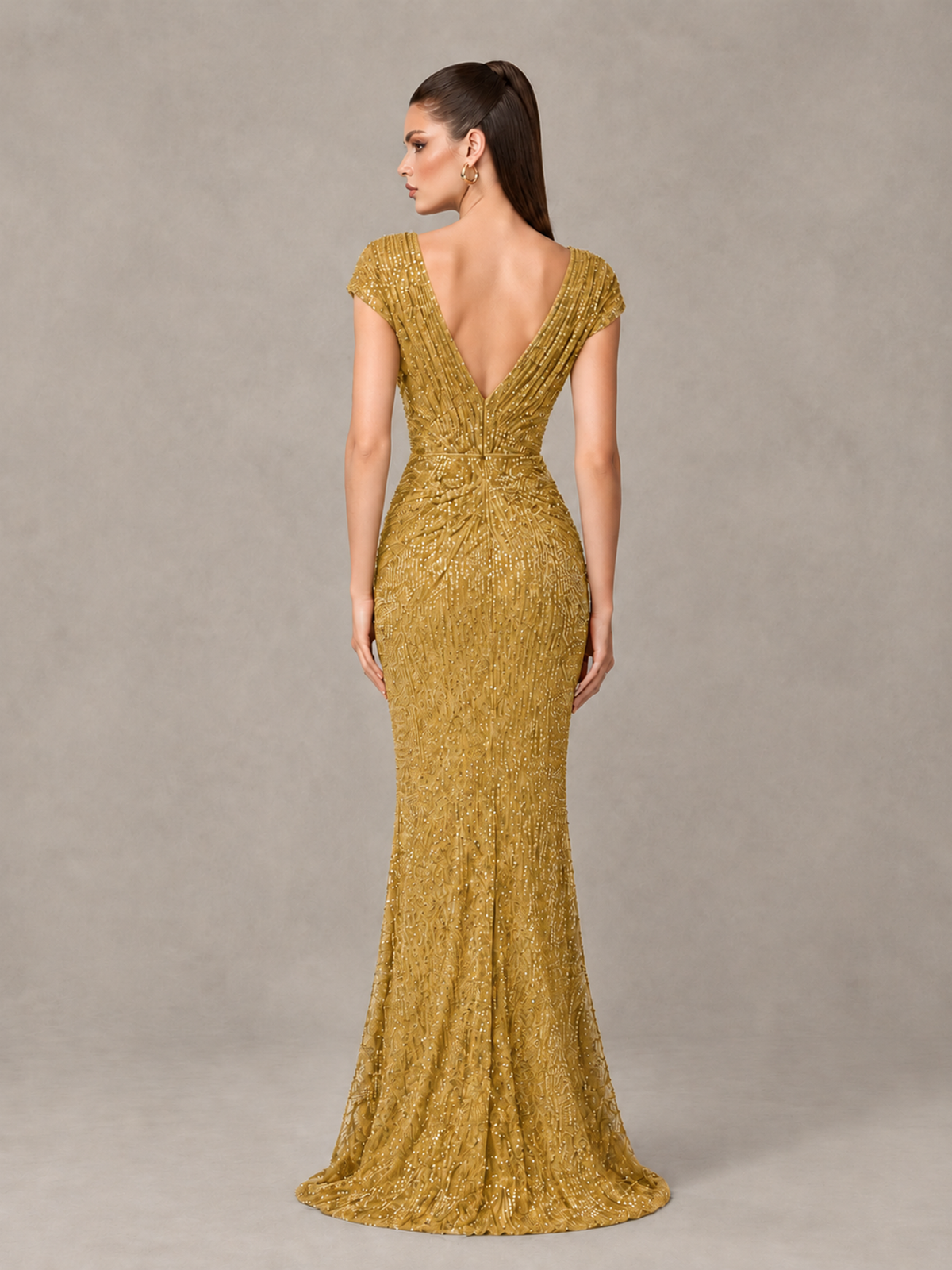BOLODOO Gold Glitter V-Neck Cap Sleeve Ruched Mermaid Evening Gown - Gold - Gold_2