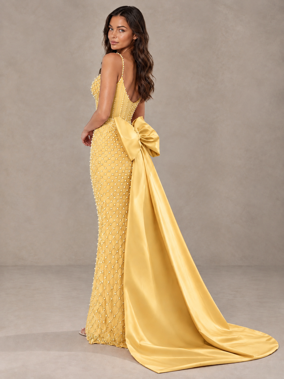 BOLODOO Gold Beaded Corset Prom Dress with Bow Train - Gold - Gold_2