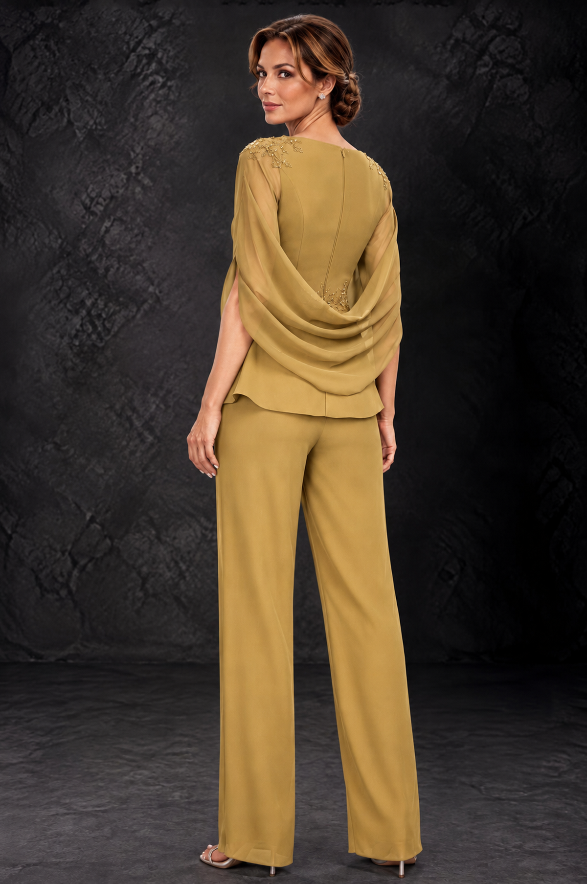 BOLODOO Gold Embellished Cape Sleeve Mother of the Bride Pantsuit - Gold - Gold_2