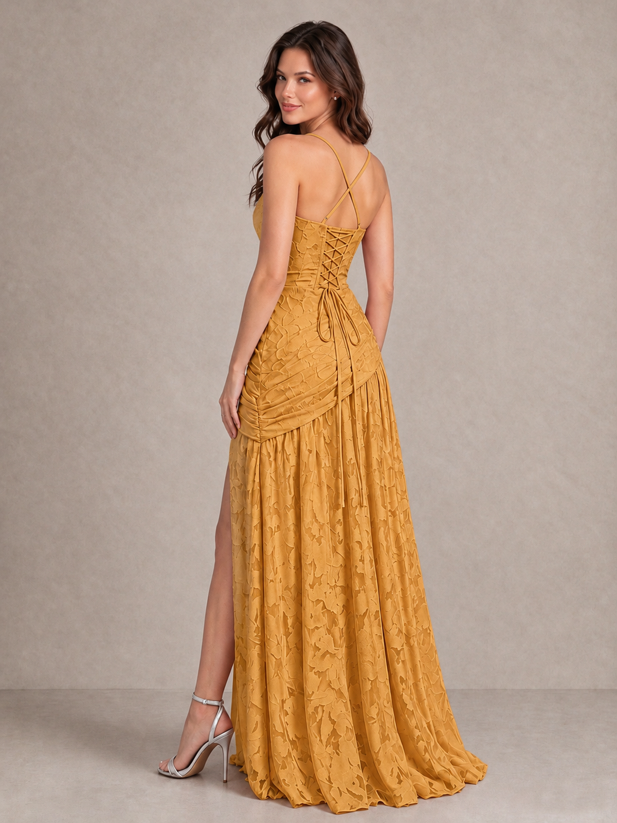 BOLODOO Gold Floral Jacquard Bridesmaid Dress with Square Neck, Lace-Up Back & High Slit - Gold - Gold_2