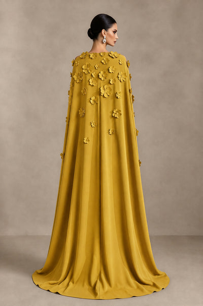 BOLODOO Gold 3D Floral Applique Cape Formal Dress - Gold - Gold_2