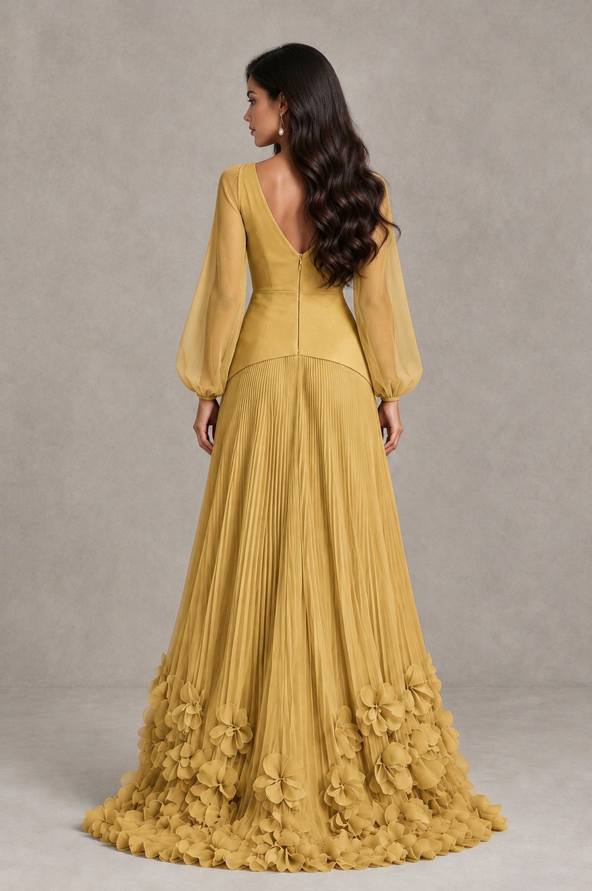 BOLODOO Gold V-Neck Long Sleeve Pleated Floral Hem Evening Dress - Gold - Gold_2