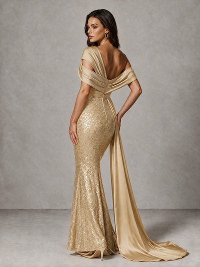 BOLODOO Gold Sequin Mermaid Evening Dress with Off-Shoulder Satin Drape and Sweep Train - Gold - Gold_2