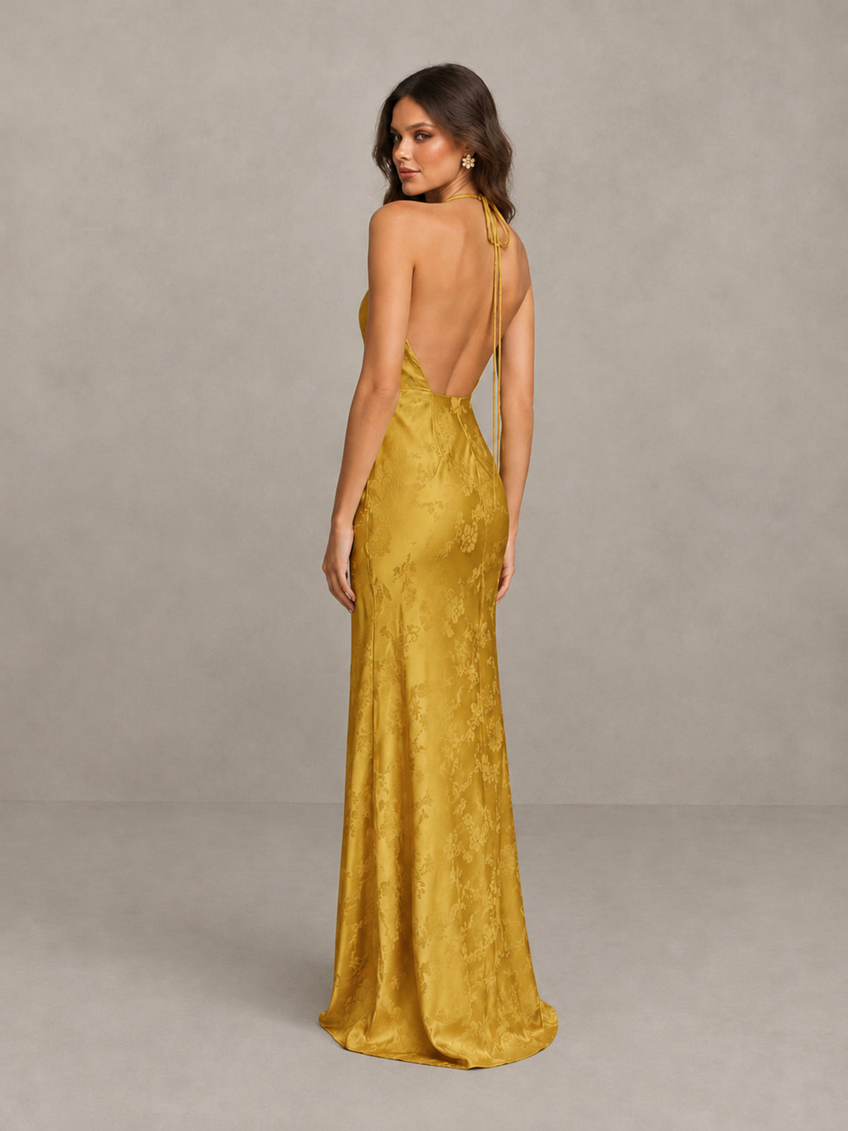 BOLODOO Gold Floral Satin Open-Back Bridesmaid Dress - Gold - Gold_2