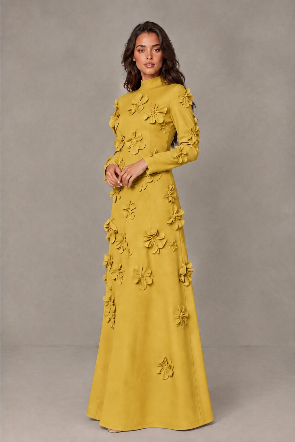 BOLODOO Gold High Neck Long Sleeve 3D Floral Evening Gown - Gold