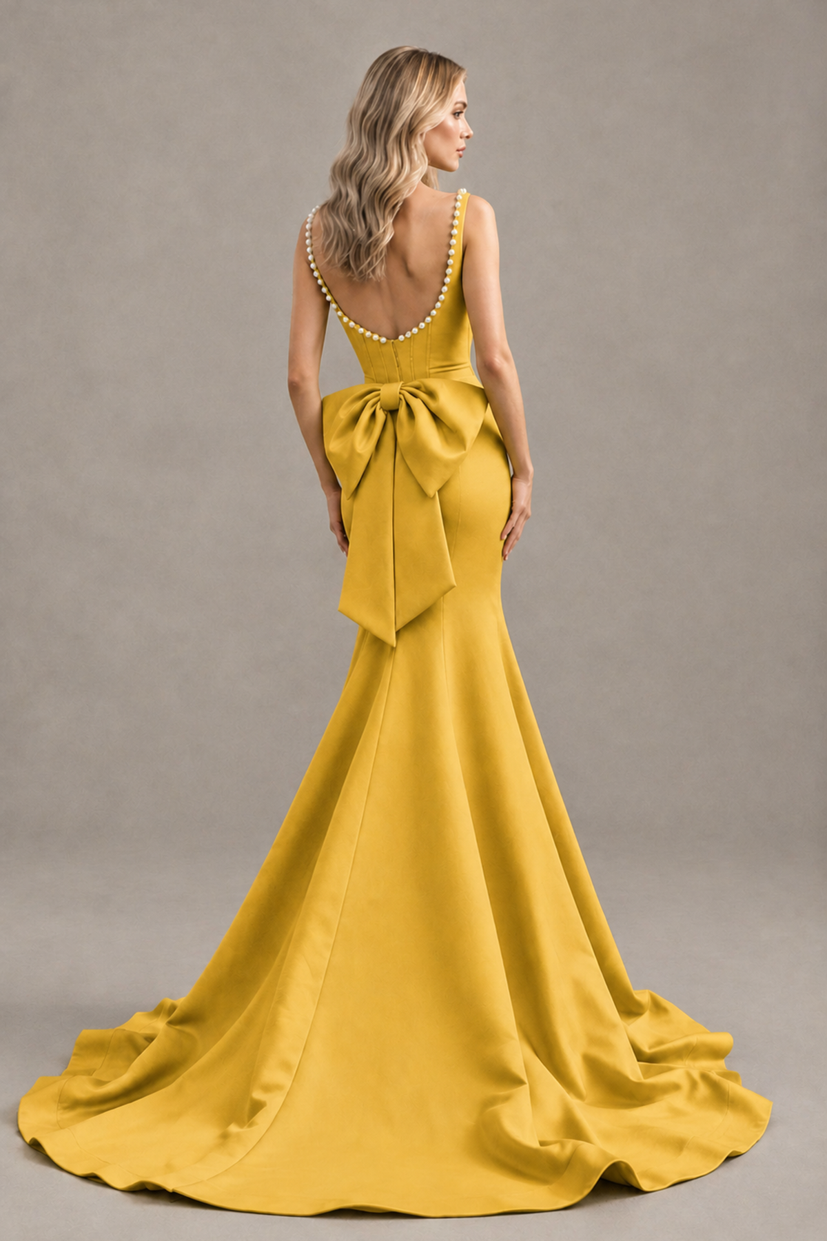 BOLODOO Gold Pearl-Trim Mermaid Prom Dress with Back Bow - Gold - Gold_2
