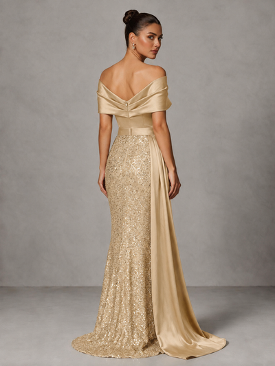 BOLODOO Gold Sequin Mermaid Evening Dress with Off-Shoulder Satin Drape and Sweep Train - Gold - Gold_2