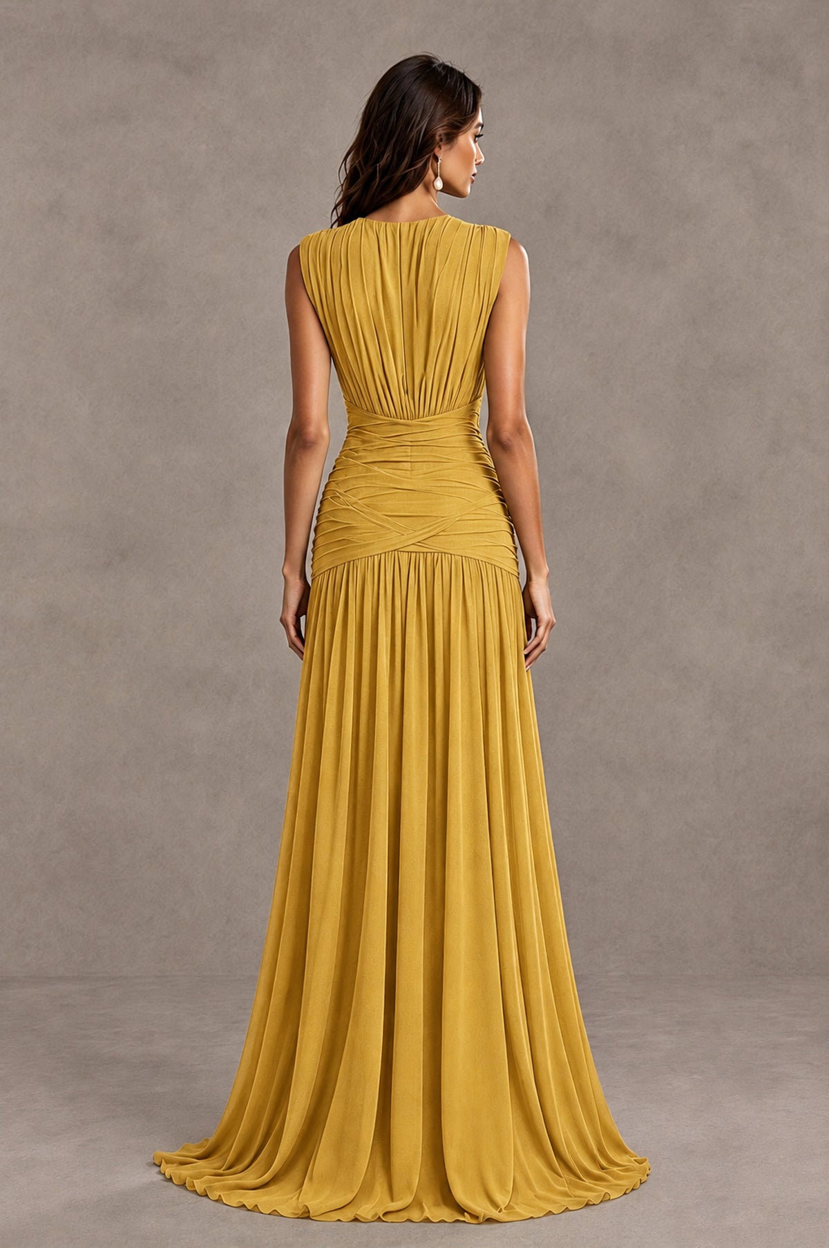 BOLODOO Gold V-Neck Ruched Wedding Guest Dress - Gold - Gold_2