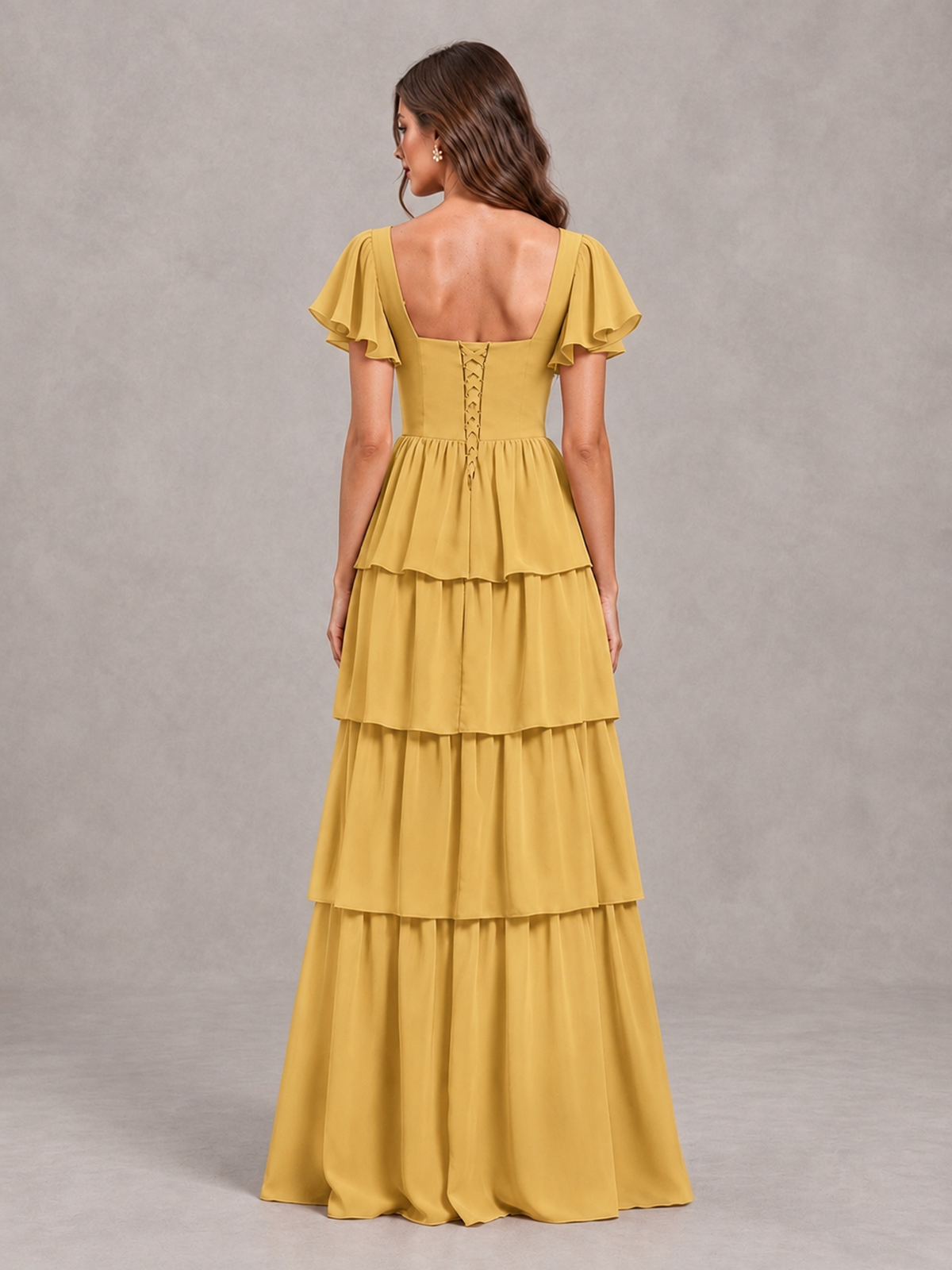 BOLODOO Gold Flutter Sleeve Tiered Maxi Bridesmaid Dress - Gold - Gold_2