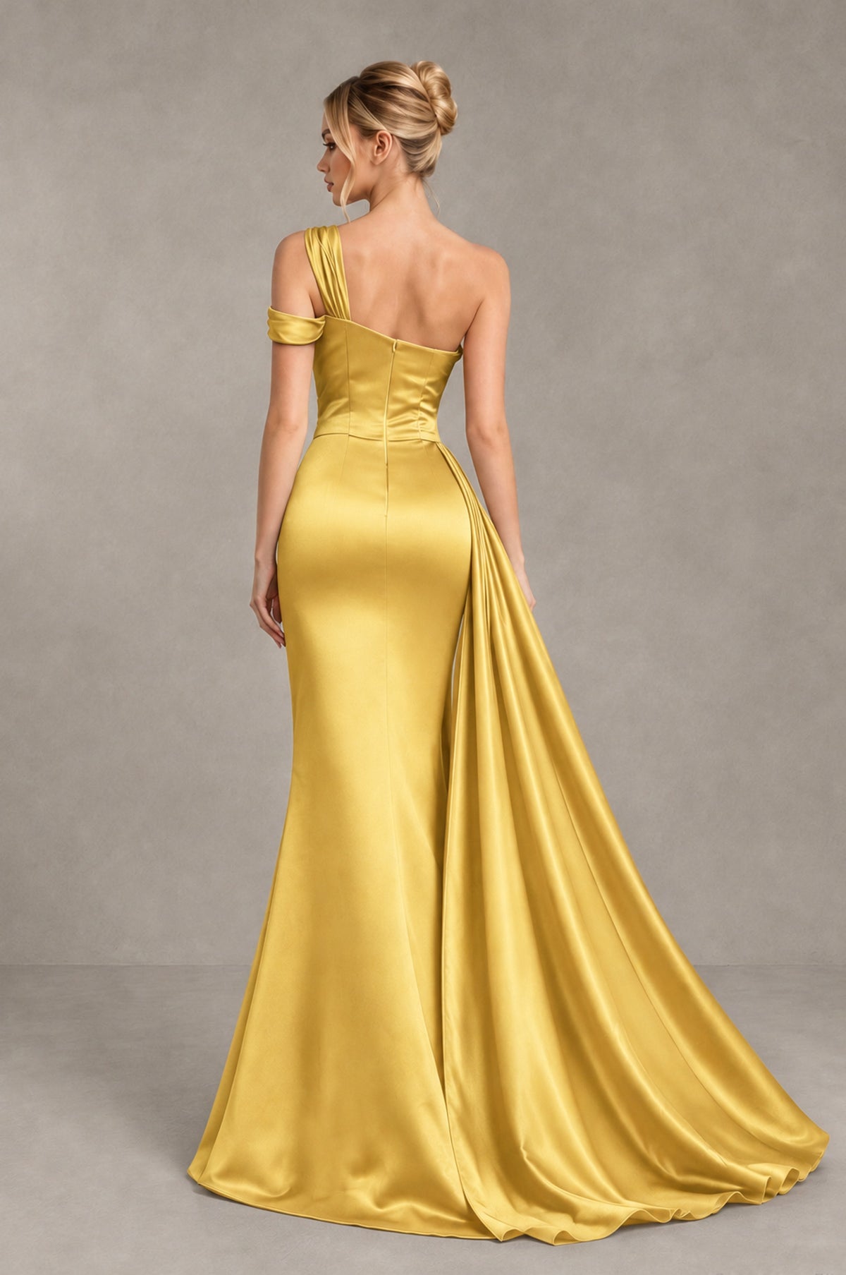BOLODOO Gold Asymmetric Ruched Formal Evening Dress - Gold - Gold_2