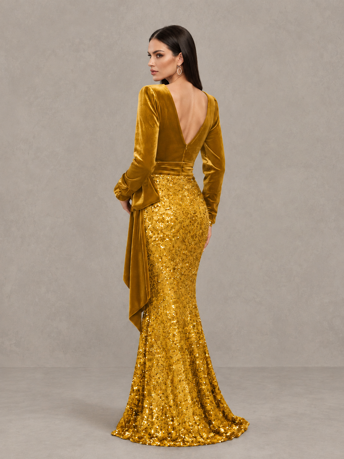 BOLODOO Gold Velvet & Sequin Long Sleeve V-Neck Mermaid Evening Gown - Gold - Gold_2