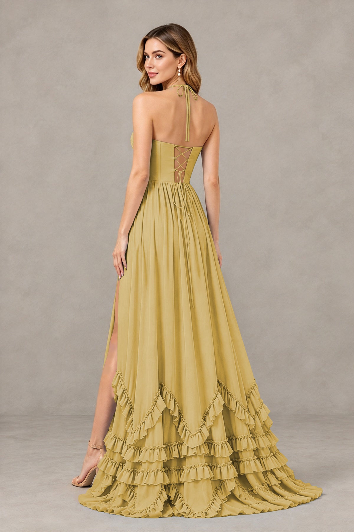 BOLODOO Gold Halter Ruffle Hem A-Line Bridesmaid Dress with High Slit - Gold - Gold(2)