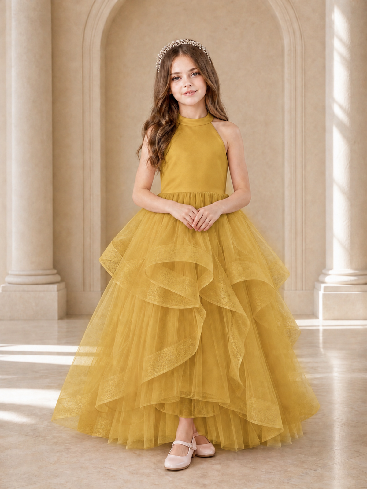 BOLODOO Gold Halter Tiered Tulle Flower Girl Dress with Bow Back - Gold - Gold_2