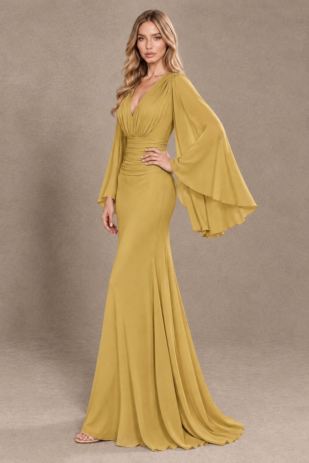 BOLODOO Gold Cape Sleeve V-Neck Ruched Chiffon Evening Dress - Gold - Gold_2