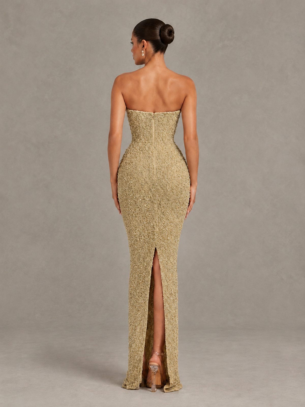 BOLODOO Gold Strapless Sequin Evening Gown with Floral Neckline - Gold - Gold_2