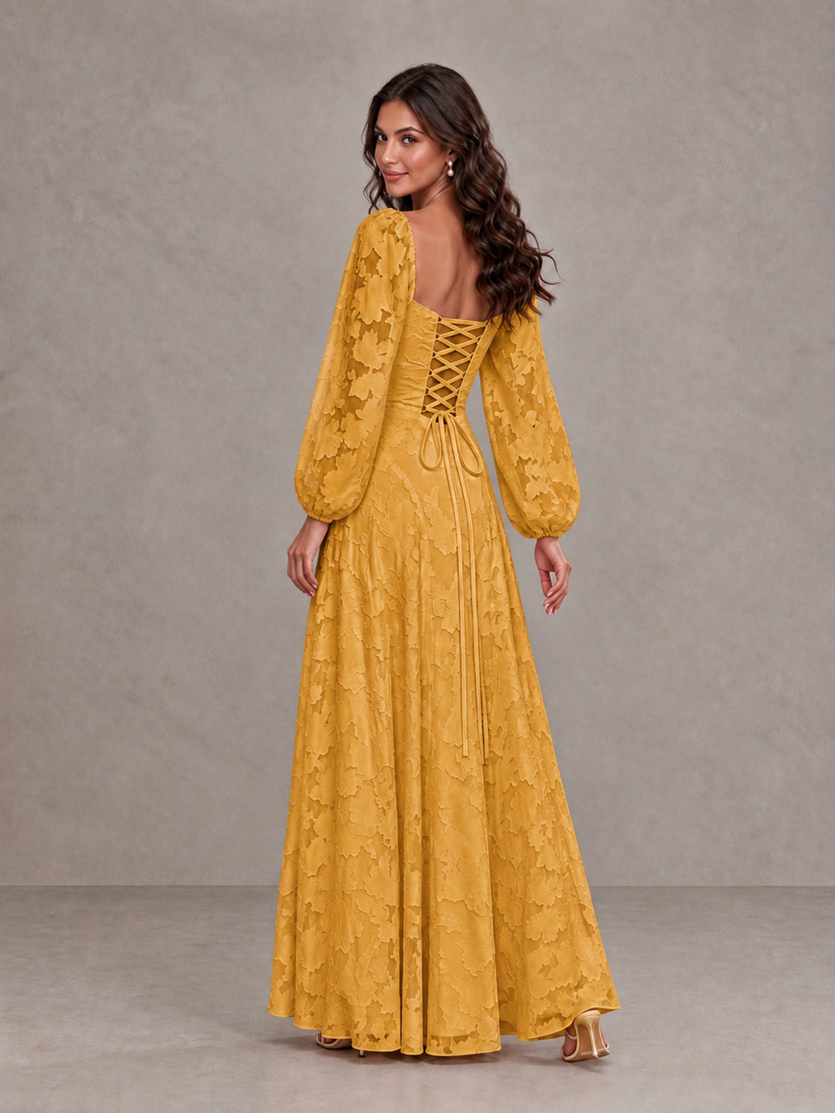 BOLODOO Gold Floral Long Sleeve A-Line Bridesmaid Dress - Gold - Gold_2