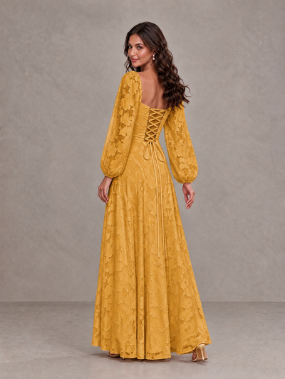 BOLODOO Gold Floral Long Sleeve A-Line Bridesmaid Dress - Gold - Gold_2