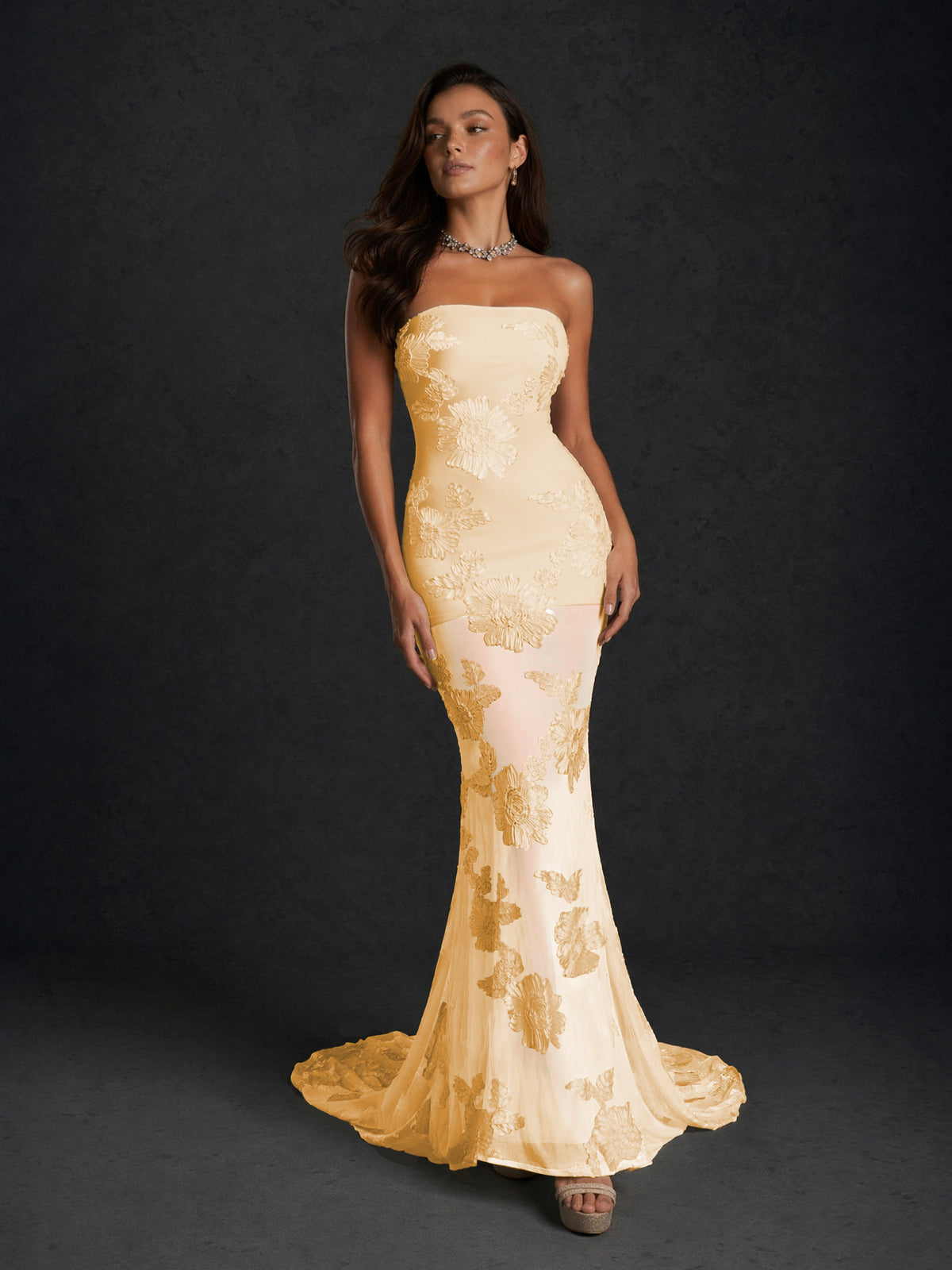 BOLODOO Gold Champagne Gold Floral Sequin Embroidered Mesh Strapless Open Back Mermaid Maxi Dress with Train - Gold