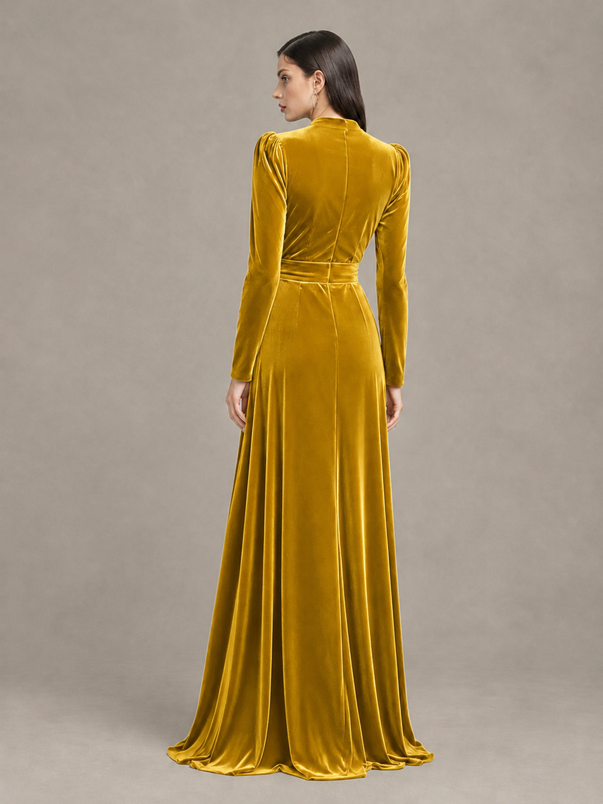 BOLODOO Gold Long Sleeve Velvet-Look Evening Dress with High Slit - Gold - Gold_2