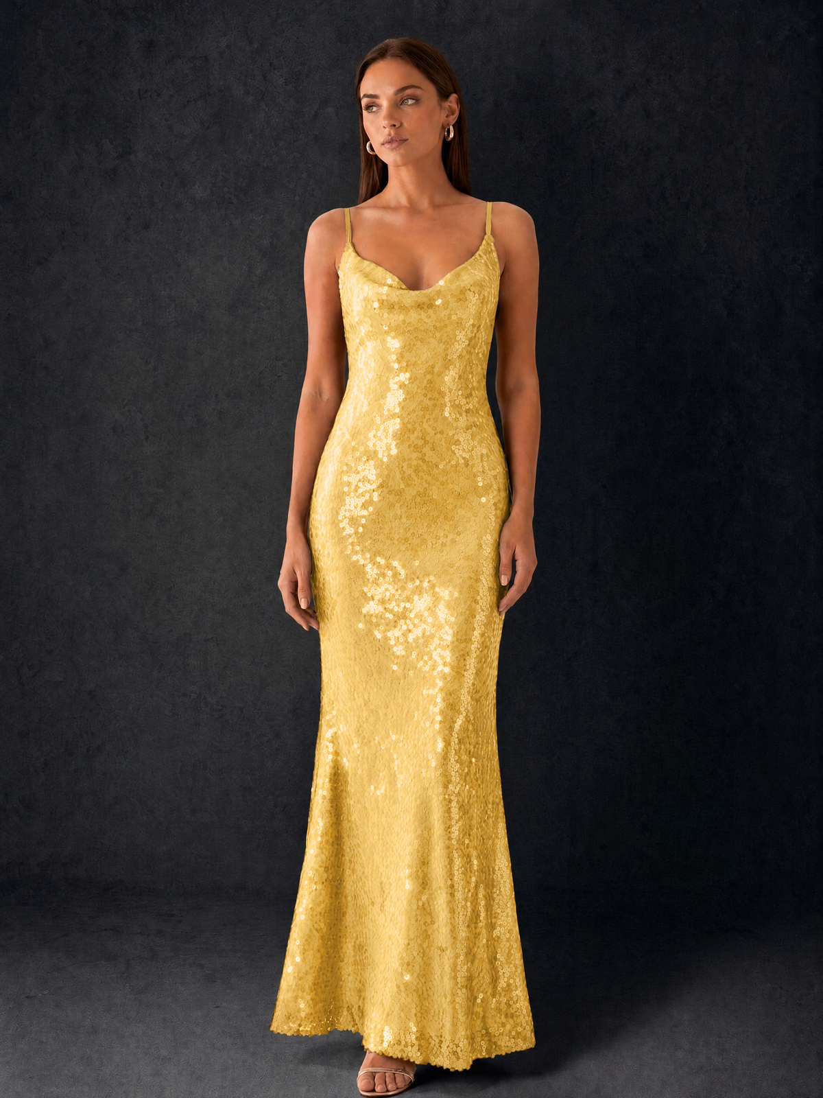 BOLODOO Bronze Sequin Cowl Neck Spaghetti Strap Mermaid Maxi Dress with Open Criss-Cross Back - Gold - Gold