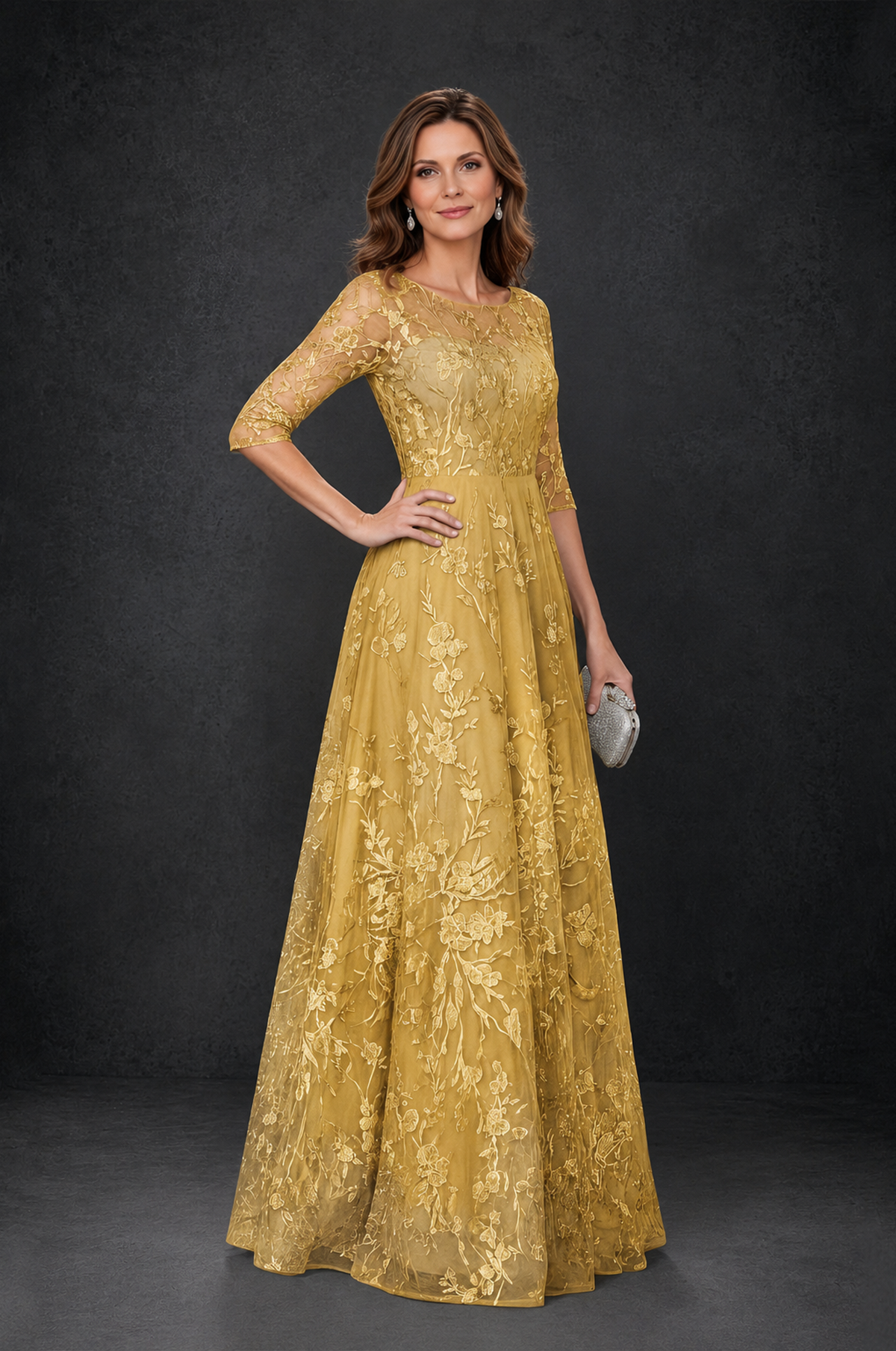 BOLODOO Gold Illusion Bateau Neck 3/4 Sleeve Floral Lace A-Line Mother of the Bride Dress MX007 - Gold - Gold_3