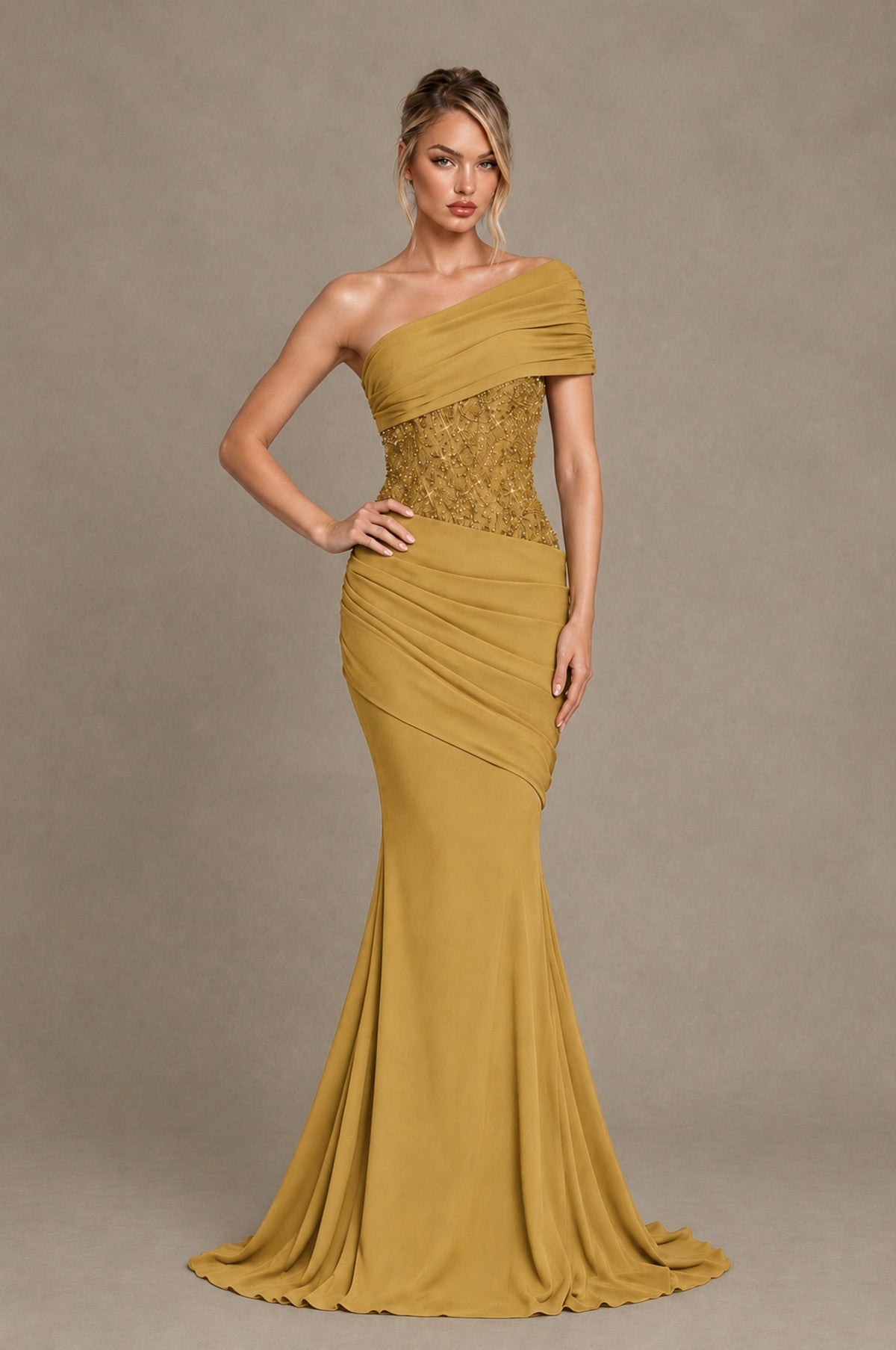 BOLODOO Gold One-Shoulder Sequin Embroidered Ruched Mermaid Gown with Train - Gold - Gold_3