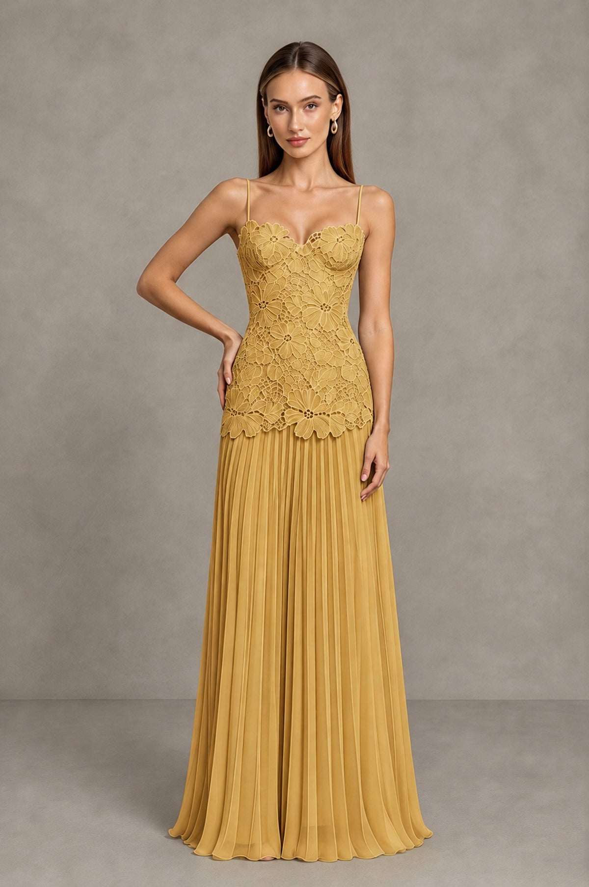 BOLODOO Gold Lace Bodice Pleated Wedding Guest Dress - Gold - Gold_3