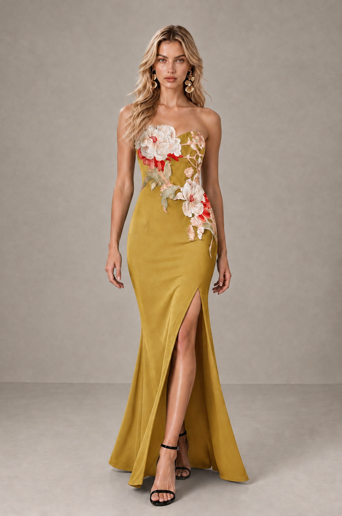 BOLODOO Gold Strapless Floral Mermaid Evening Dress with Slit - Gold - Gold_3