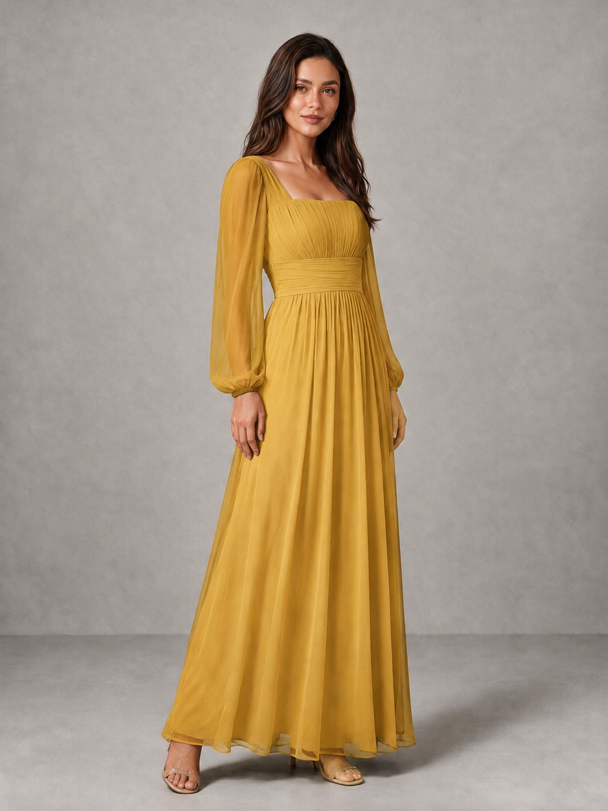 BOLODOO Gold Square Neck Long Sleeve Chiffon Bridesmaid Dress - Gold - Gold_3