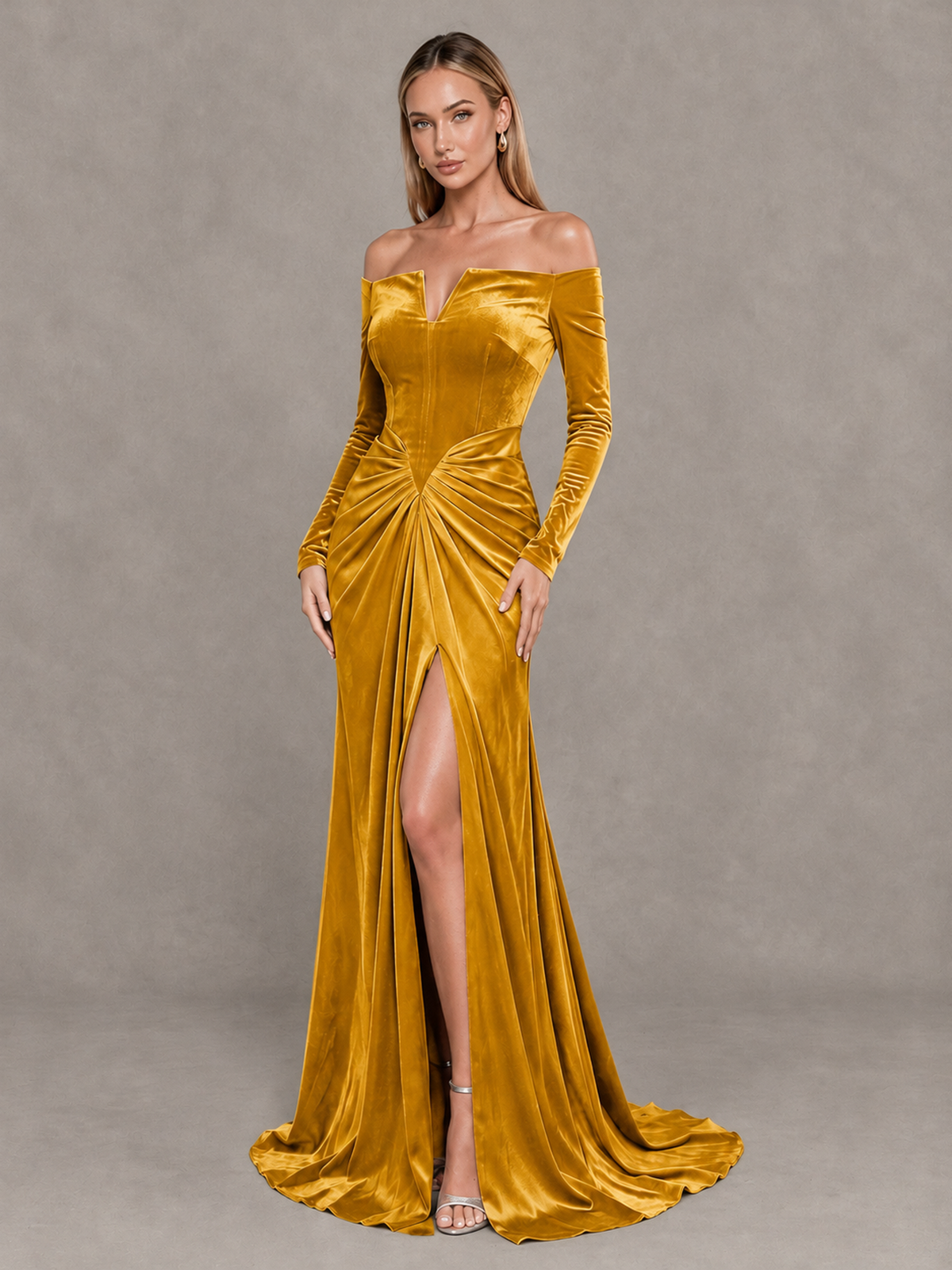 BOLODOO Gold Off-Shoulder Velvet Evening Gown with High Slit - Gold - Gold_3