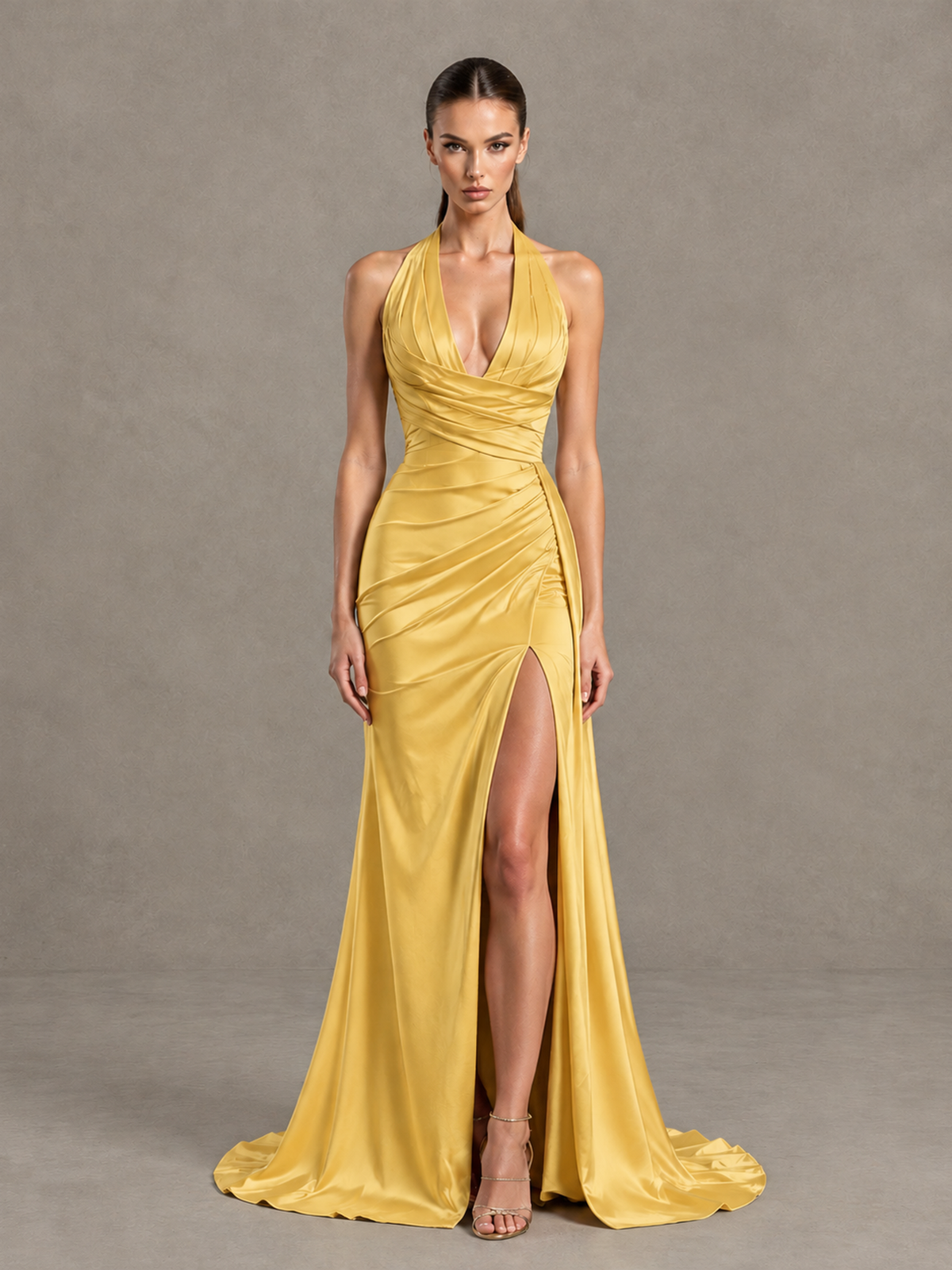 BOLODOO Gold Halter Satin Evening & Prom Dress with High Slit - Gold - Gold_3