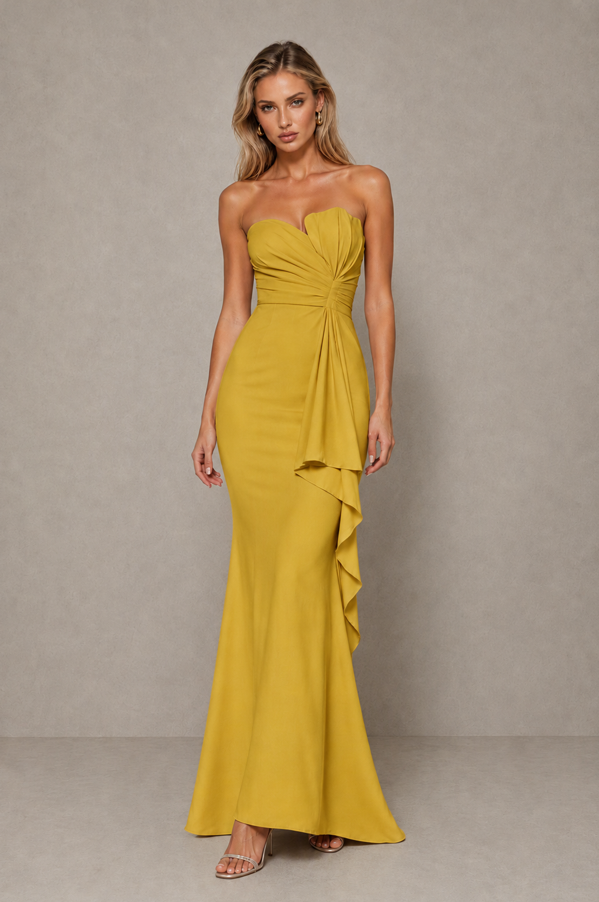 BOLODOO Gold Strapless Sweetheart Ruched Mermaid Gown | Cascade Drape Formal Evening Dress - Gold - Gold_3