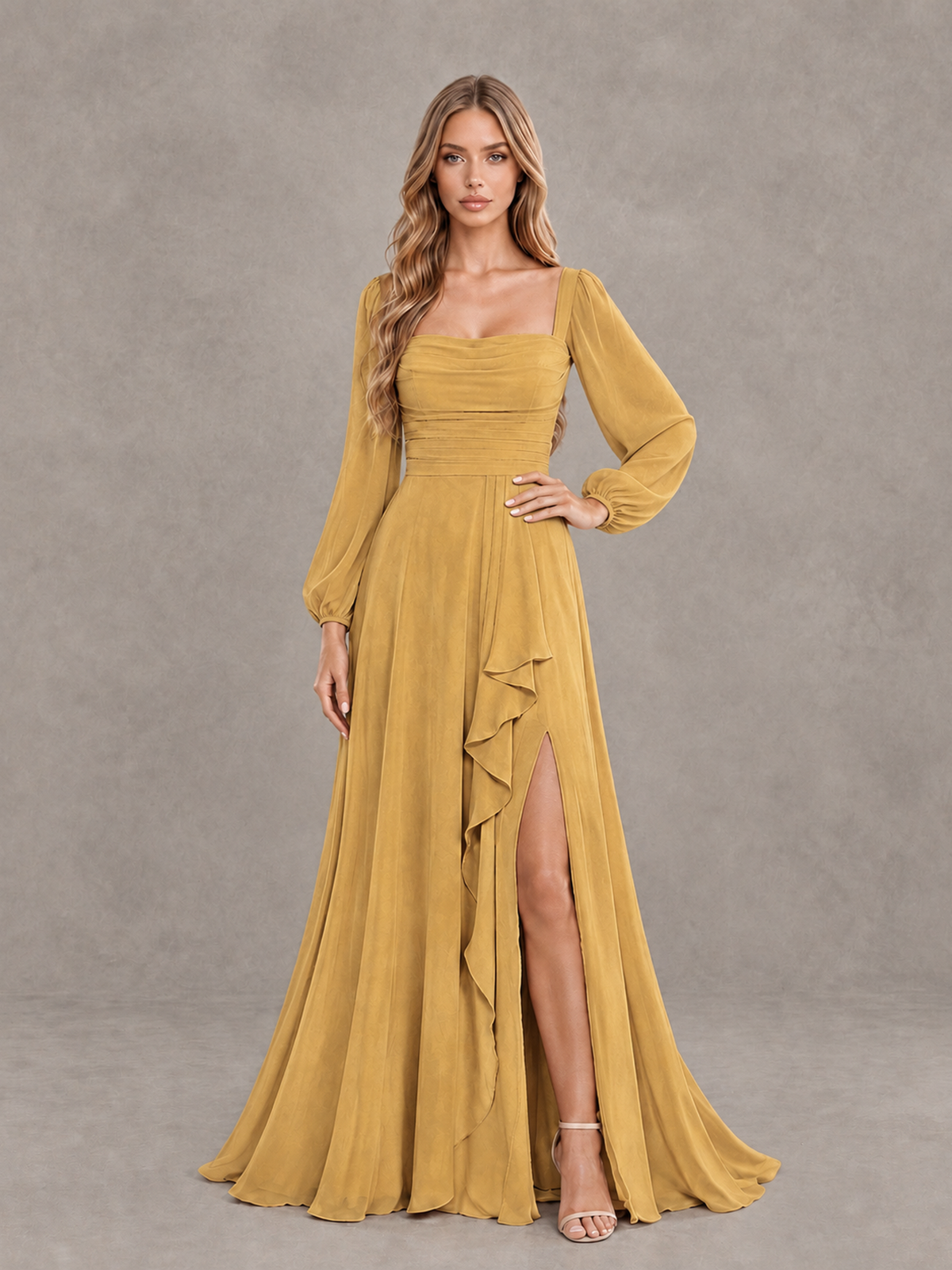 BOLODOO Gold Square Neck Long Sleeve Bridesmaid Dress with Ruffle Slit - Gold - Gold_3