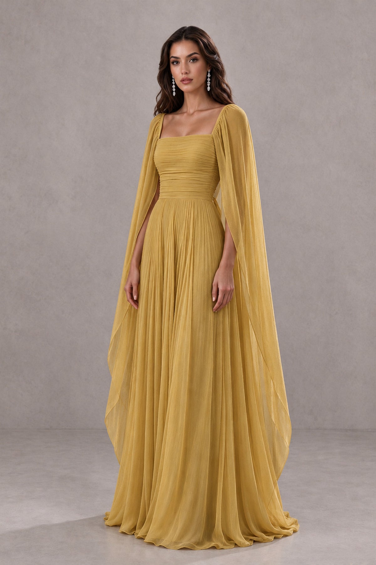 BOLODOO Gold Square Neck Cape Sleeve A-Line Evening Dress - Gold - Gold_3