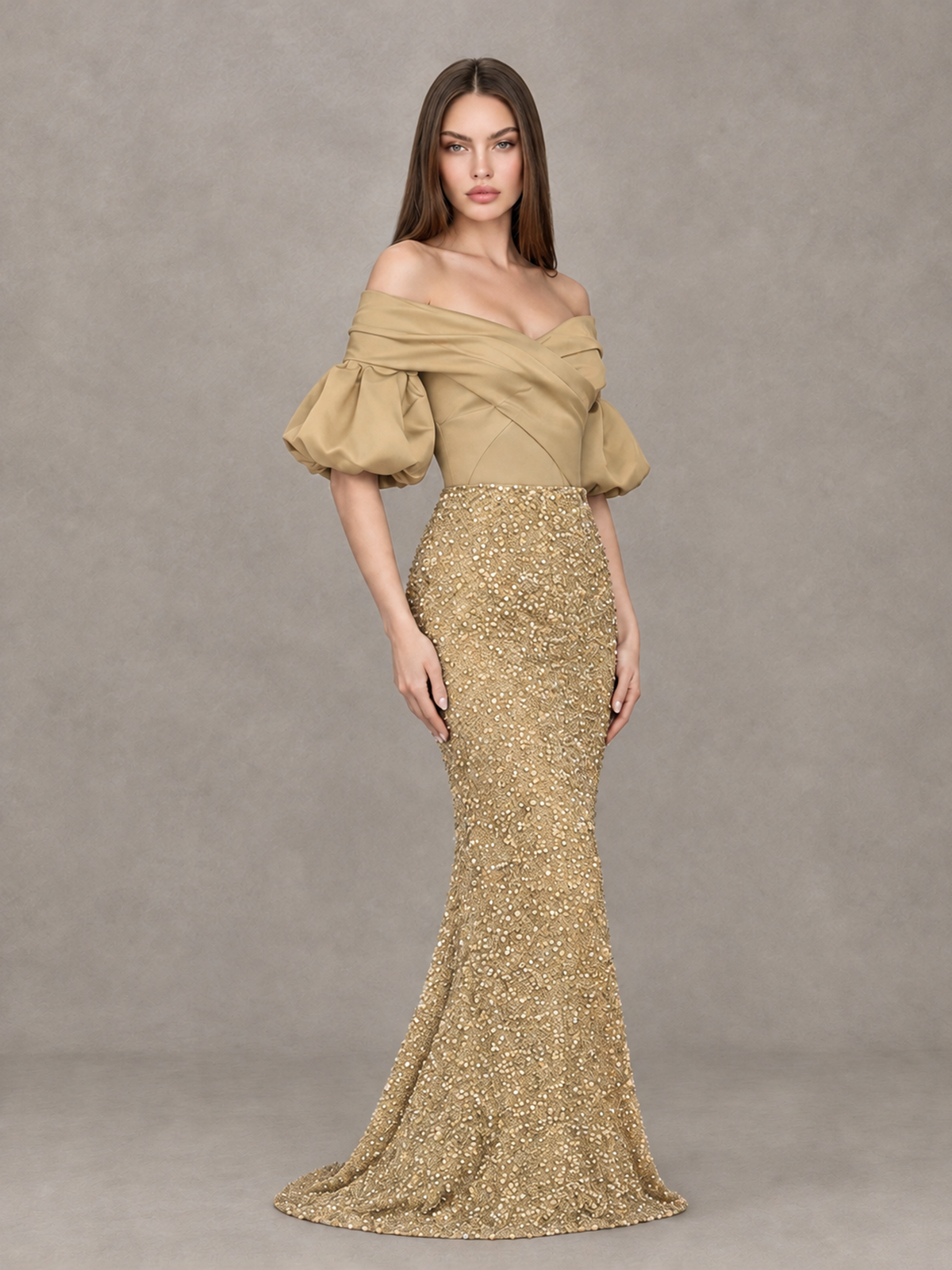 BOLODOO Gold Off-Shoulder Puff Sleeve Sequin Mermaid Evening Dress - Gold - Gold_3