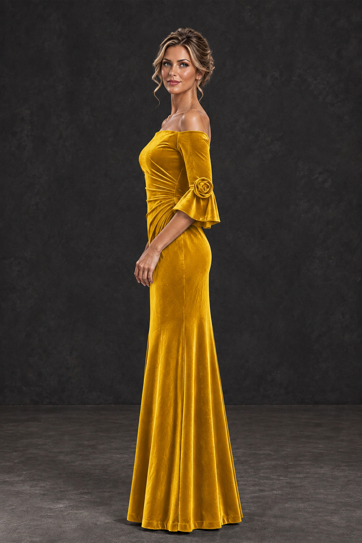 BOLODOO Gold Velvet Off-Shoulder Mother of the Bride Dress – 3/4 Floral Cuff Sleeve Mermaid Evening Gown - Gold - Gold_3