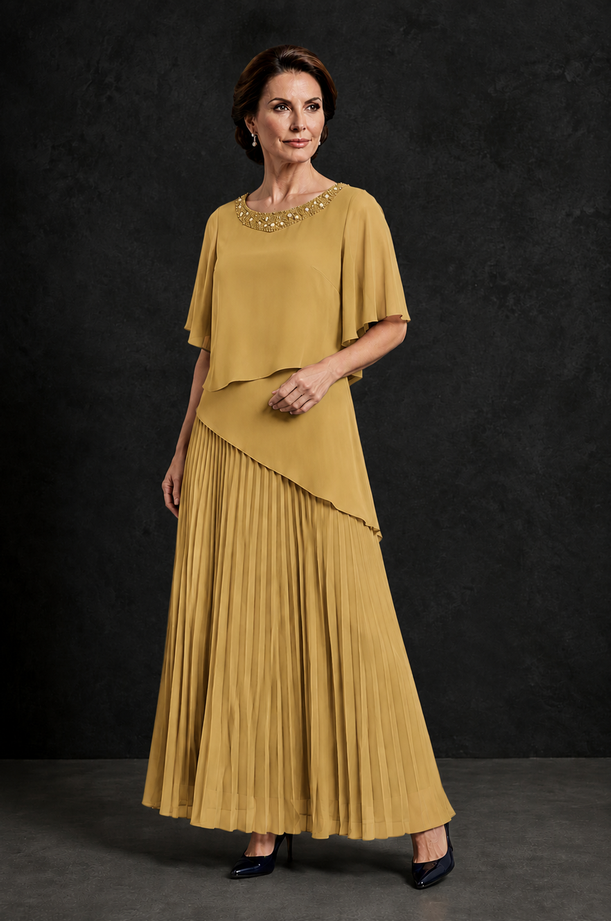 BOLODOO Gold Pearl Beaded Neck Asymmetric Tiered Flutter Sleeve Pleated Chiffon Maxi Dress - Gold - Gold_3