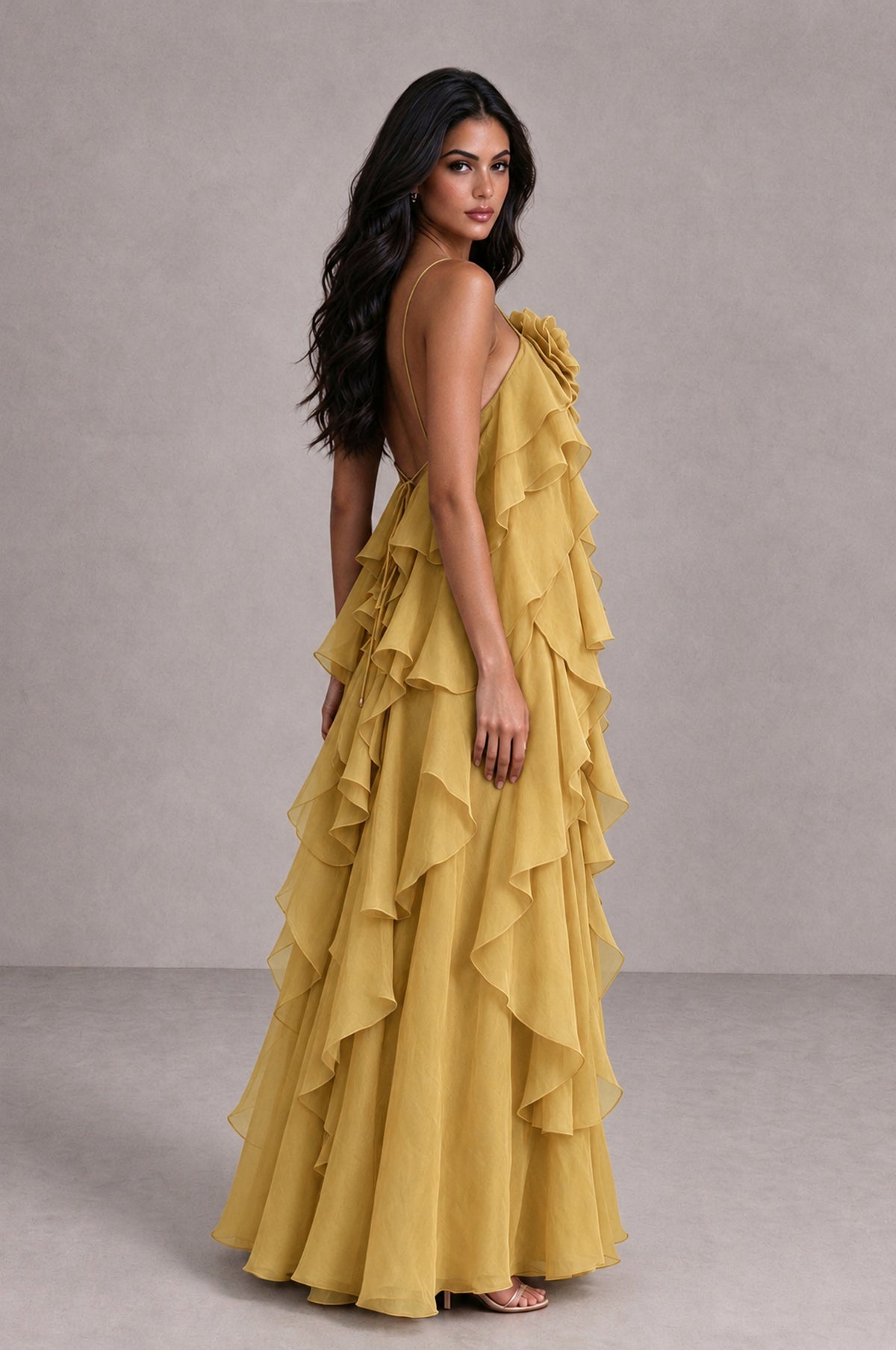 BOLODOO Gold Cascading Ruffle Rosette Open-Back Maxi Dress - Gold - Gold_3