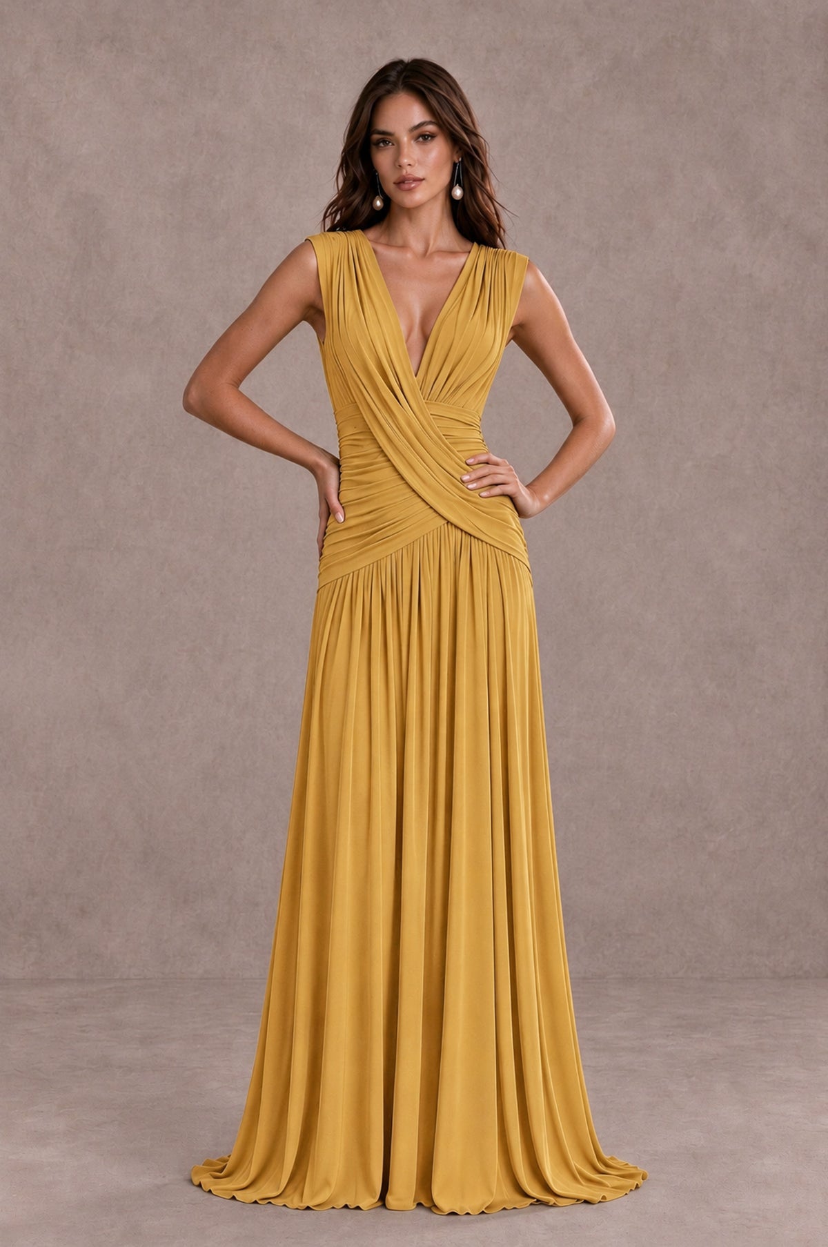 BOLODOO Gold V-Neck Ruched Wedding Guest Dress - Gold - Gold_3