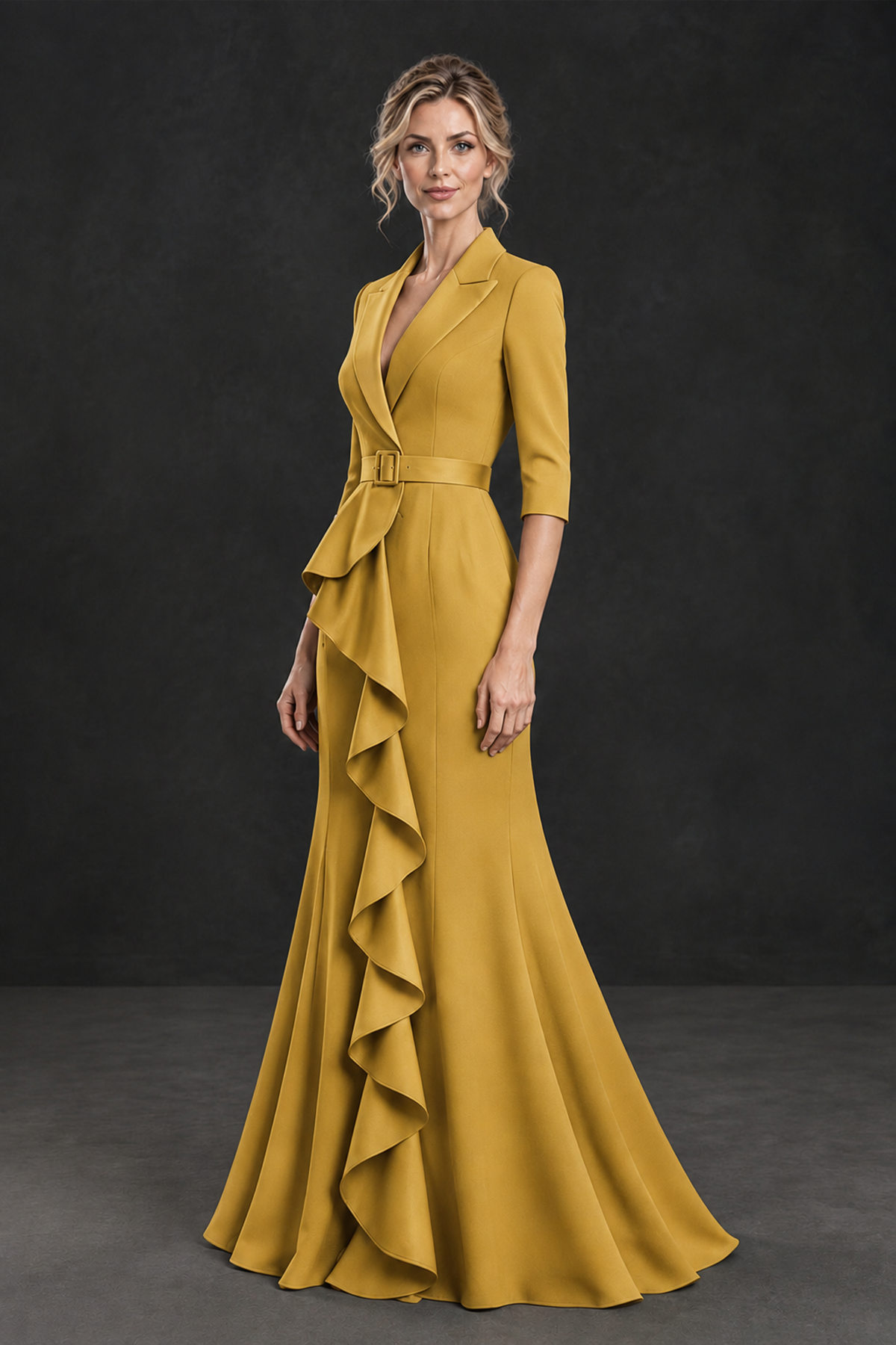BOLODOO Gold Lapel Ruffle Mother of the Bride Dress with Belt - Gold - Gold_3