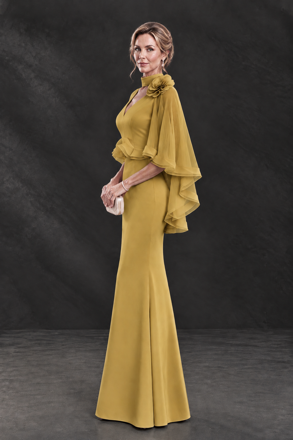 BOLODOO Gold Floral Cape Sleeve Mother of the Bride Dress - Gold - Gold_3