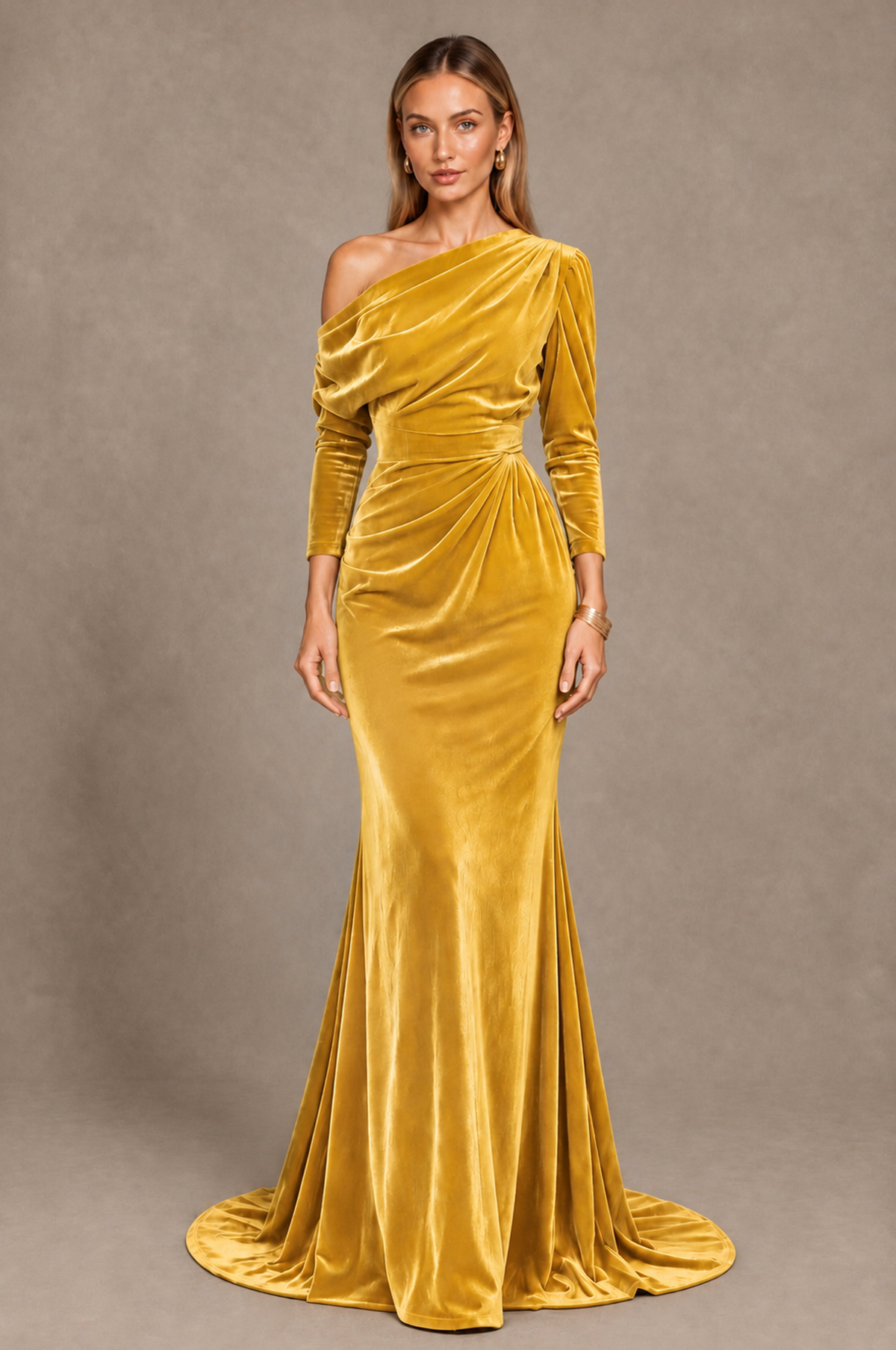 BOLODOO Gold Velvet Asymmetric Neck Mermaid Evening Dress - Gold - Gold_3