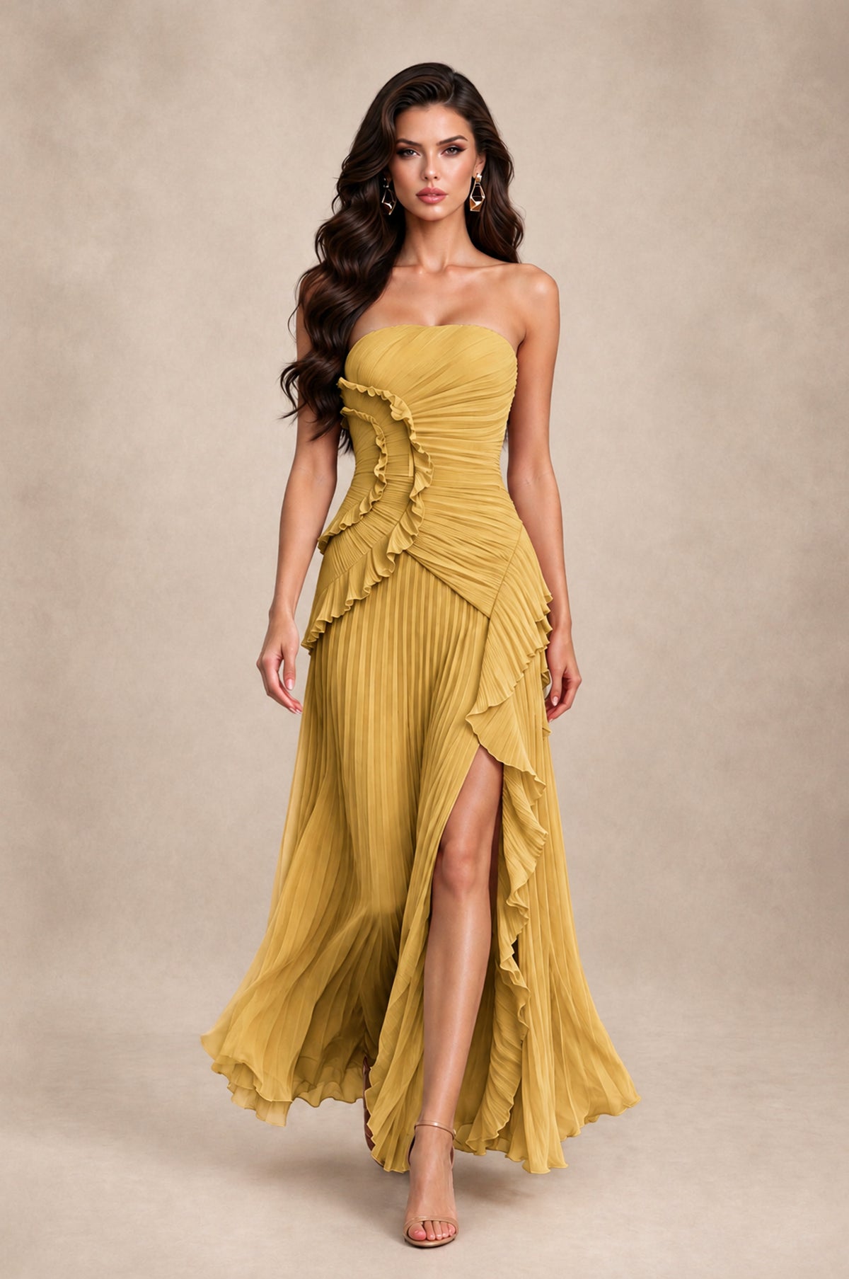 BOLODOO Gold Strapless Ruffle Pleated Slit Evening Gown - Gold - Gold_3