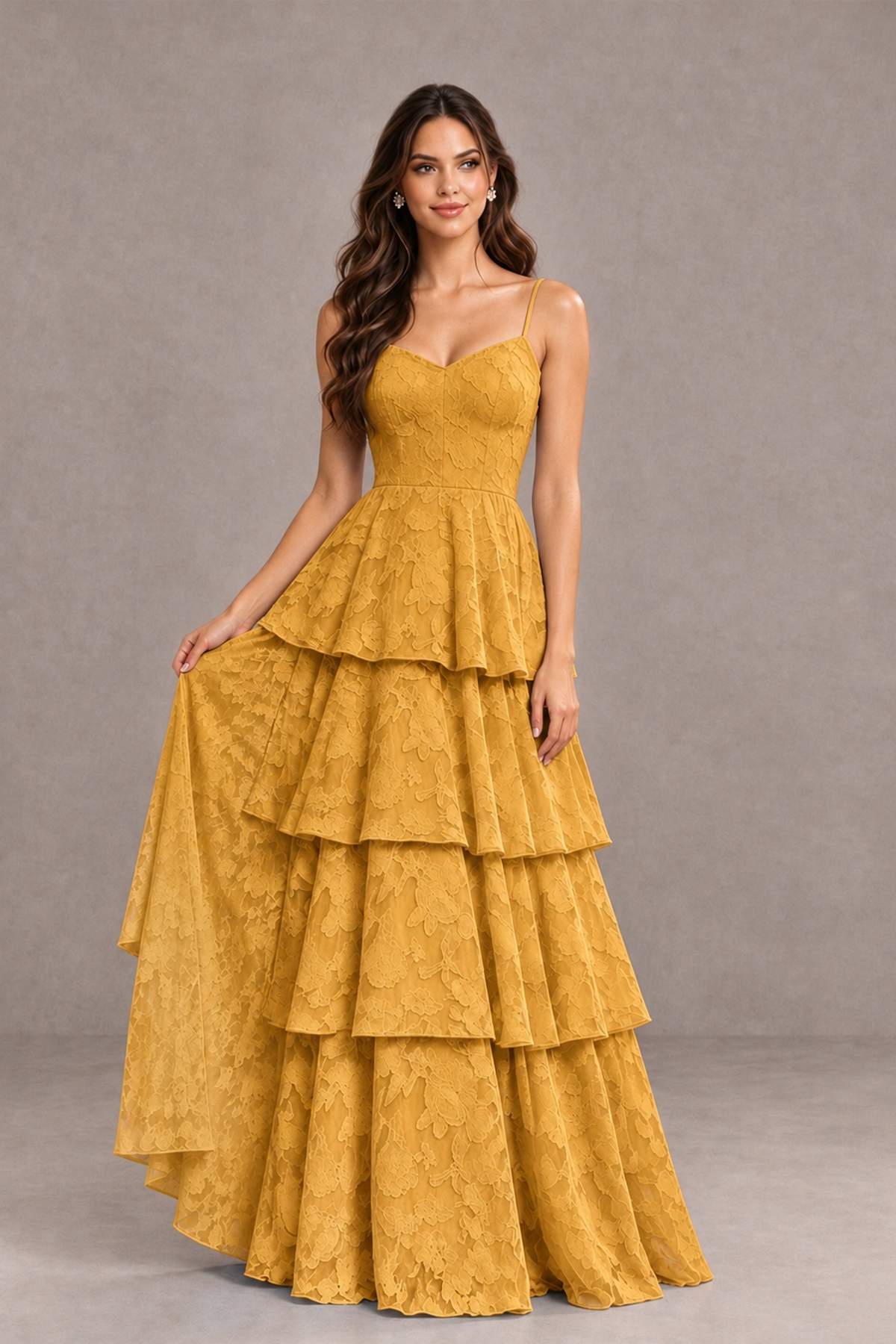 BOLODOO Gold Tiered Floral-Textured Spaghetti Strap Maxi Dress - Gold - Gold_3